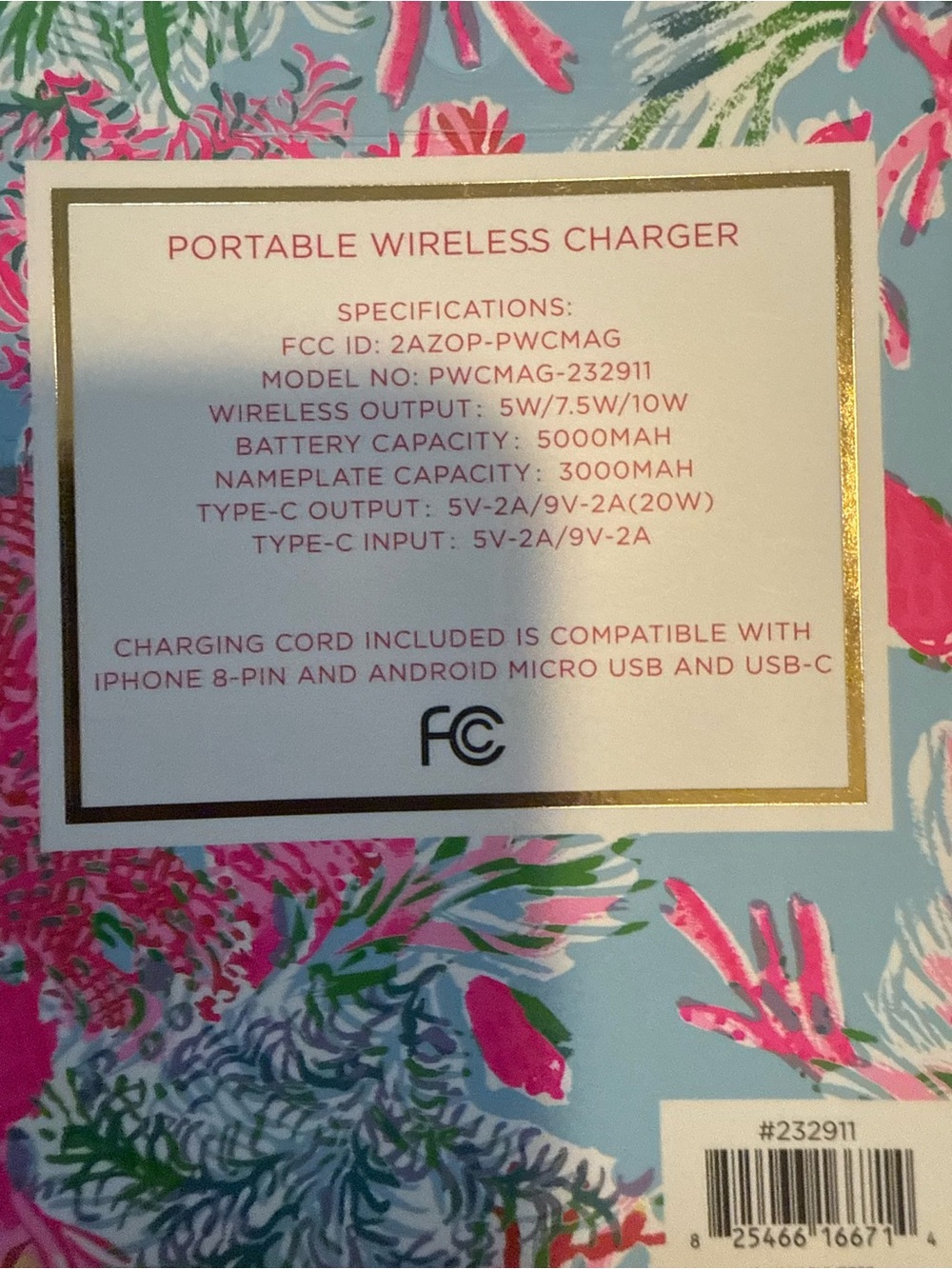 Lilly Pulitzer Portable Wireless Charger Features In Cay To My Heart - Picture 7 of 7